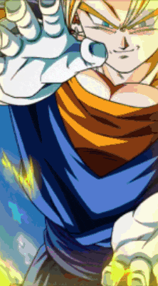 a pixelated image of a cartoon character with a blue shirt