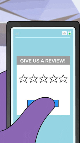 a hand is holding a cell phone that says give us a review on the screen