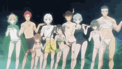 a group of anime characters are standing next to each other in bikinis .