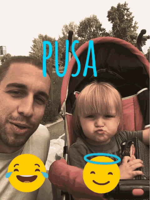 a man is holding a baby in a stroller with the word pusa written above them