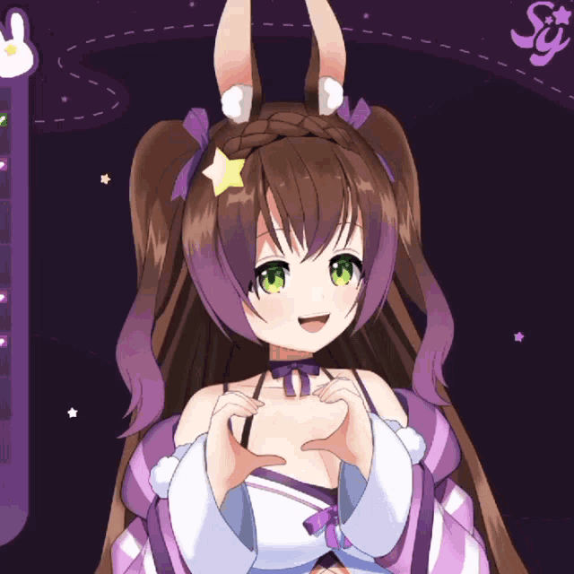 a girl with purple hair and green eyes is making a heart shape with her hands