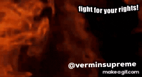 a man with a beard wearing a wizard 's hat says " fight for your rights ! "