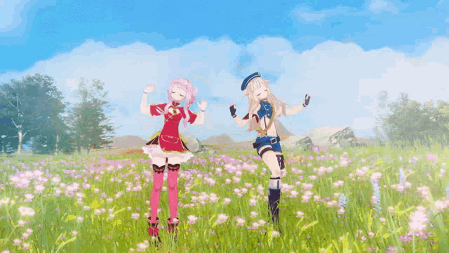 two anime girls standing in a field of flowers