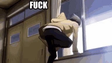 a man is looking out a window with the word fuck written above him