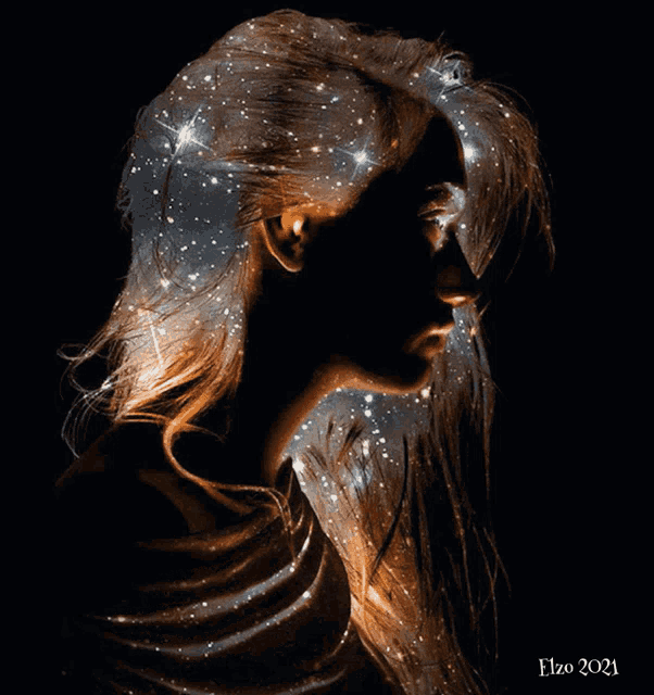 a painting of a woman with stars in her hair is dated elzo 2021