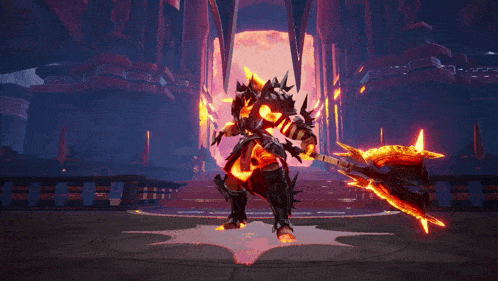 a video game character is surrounded by flames and purple lights