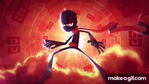 a cartoon ninja with a red scarf around his neck stands in front of a red background with chinese symbols ..