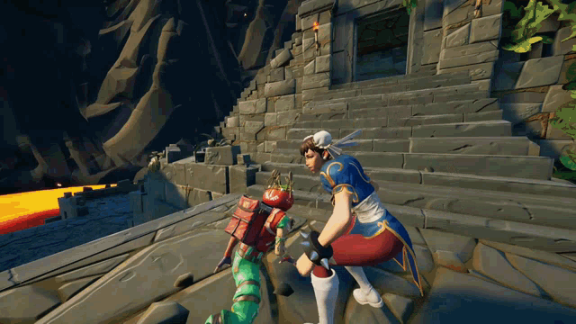 a woman in a video game is standing next to a man in a green suit