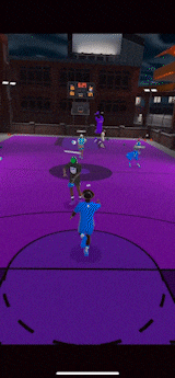 a basketball game is being played on a purple court with a man wearing a t-shirt that says nba