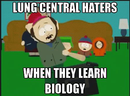 a cartoon of a man holding a book with the words lung central haters when they learn biology