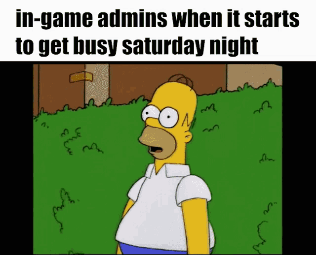 a cartoon of homer simpson with the words in-game admins when it starts to get busy saturday night below him