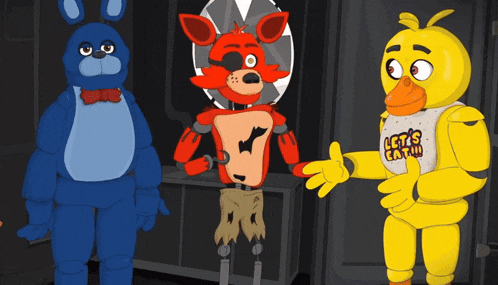 bonnie foxy and chica from five nights at freddy 's are standing together