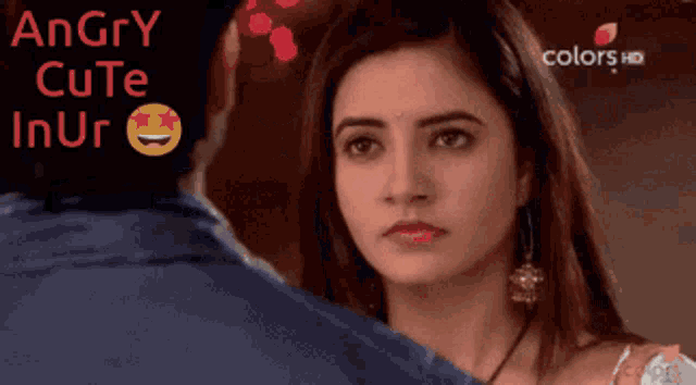 a woman is looking at a man with the words " angry cute inur " on the bottom