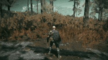 a man in a video game is standing in a field with trees in the background