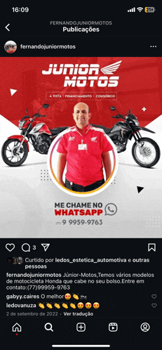 a phone screen shows a picture of a man in a red shirt with the words junior motos on it