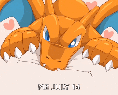 a cartoon of a dragon with the words me july 14 on the bottom