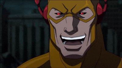 a close up of a cartoon character 's face with a red eye