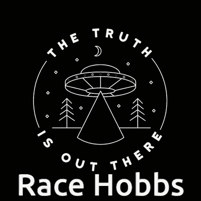 a logo for race hobbs shows an alien flying over a forest