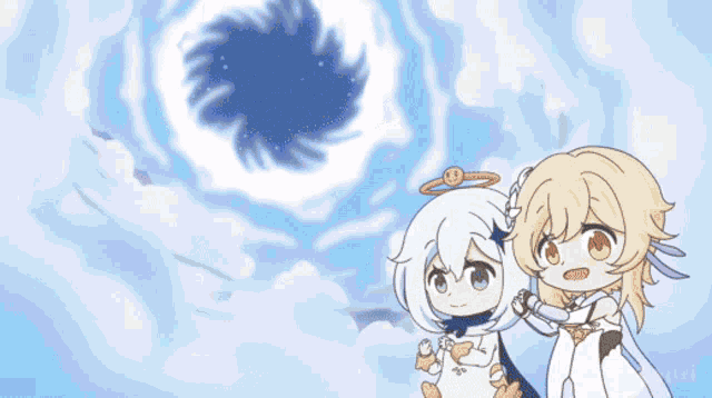 two anime characters are standing in front of a cloudy sky with a black hole in the sky