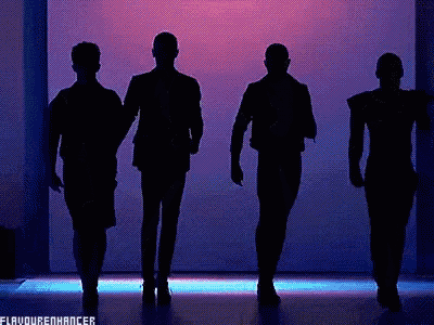 four silhouettes of people walking on a stage with the words flavourenhancer written below them