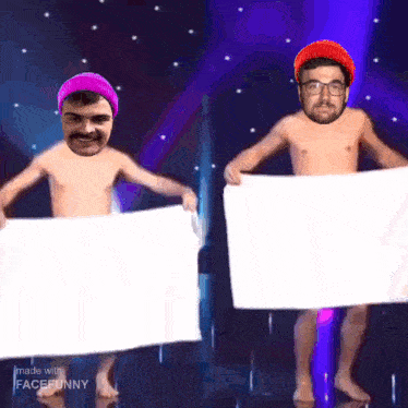 two naked men are holding white signs with their faces on them made by facefunny