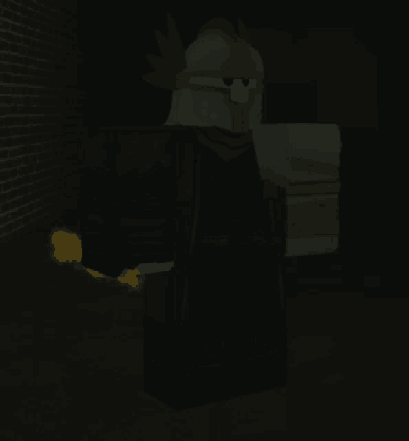 a cartoon character is standing in the dark with a glowing object behind him