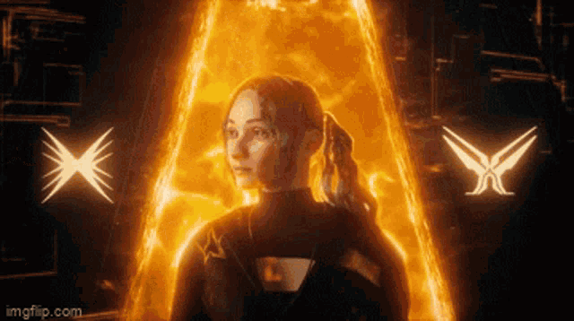 a woman is standing in front of a fire coming out of her chest