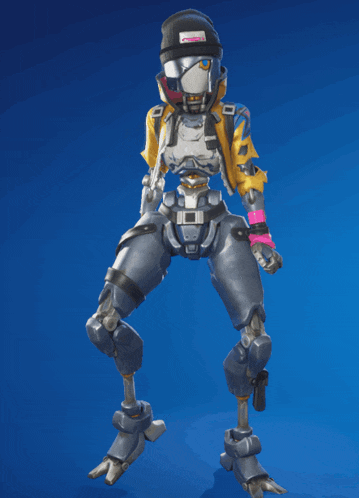 a robot wearing a beanie and a helmet with a pink sticker on it