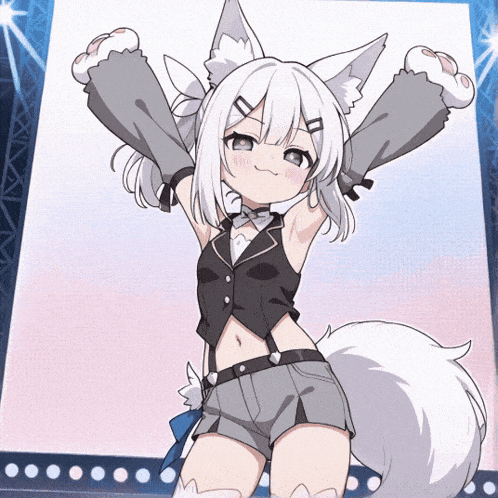 a girl with white hair and a white tail is standing on a stage