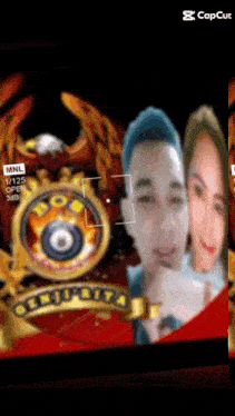 a man and a woman are standing in front of a sign that says ' olmupita '