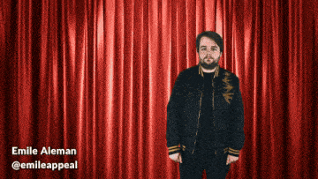 a man standing in front of a red curtain with the name emile aleman written below him