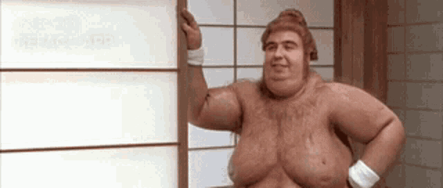 a very fat man is standing in front of a window .