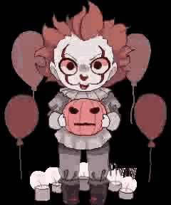 pennywise the clown from it is holding a pumpkin with a face on it .