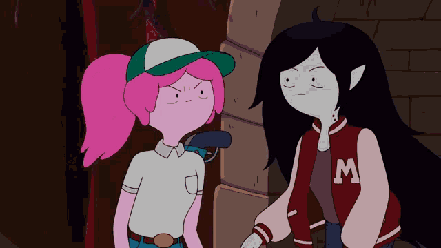 two cartoon characters standing next to each other with one wearing a letter m jacket