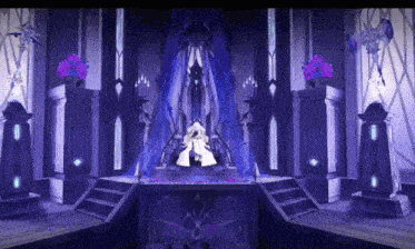 a woman in a white dress is sitting on a throne in a dark room surrounded by purple flowers