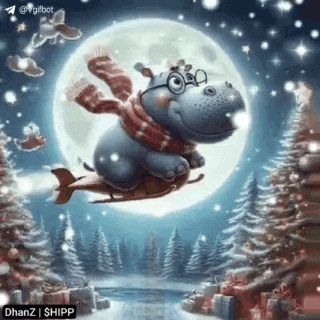 a hippopotamus wearing glasses and a scarf is flying in the air on a sleigh .
