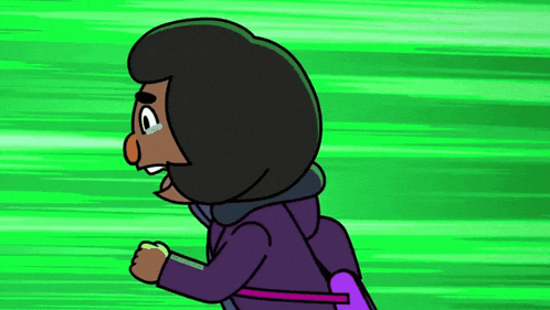 a cartoon character is running on a green background while wearing a purple jacket .
