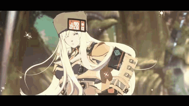 a girl with long white hair is wearing a hat with the numbers 28 on it