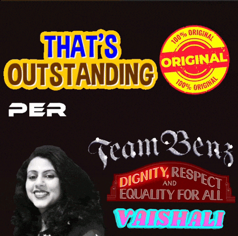 a woman stands in front of a sign that says that 's outstanding
