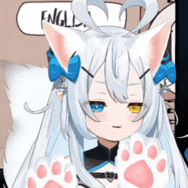 a girl with white hair and cat ears is giving a paw