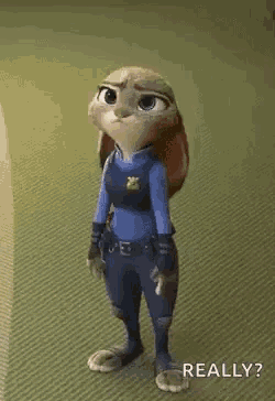 judy hopps from zootopia is standing on a green carpet looking up .