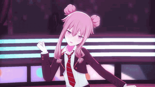 a girl with pink hair and a red tie is dancing