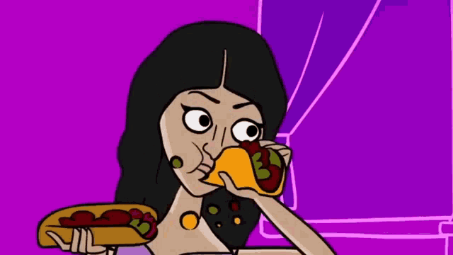 a cartoon of a woman eating a taco while holding a hot dog