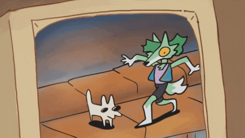a cartoon of a lizard standing next to a small white dog