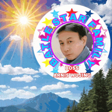 a picture of a man in a circle that says battle star family boss arnis wujing