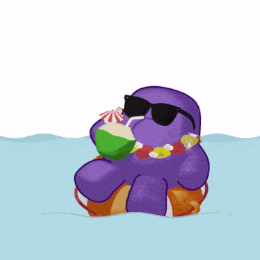 a purple cartoon character is wearing sunglasses and a lei