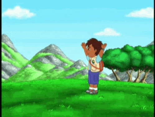 a cartoon character is standing on top of a lush green field .