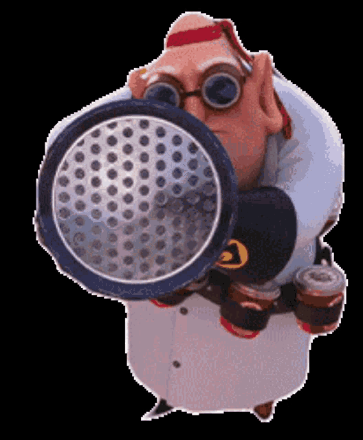 a cartoon character is holding a magnifying glass and a can of soda