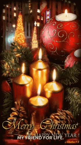 a merry christmas and happy new year card with candles and pine cones