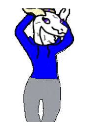 a cartoon character wearing a blue sweater and gray pants is standing on a white background .